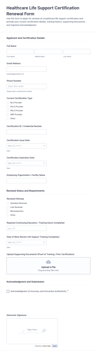 Healthcare Life Support Certification Renewal Form Template