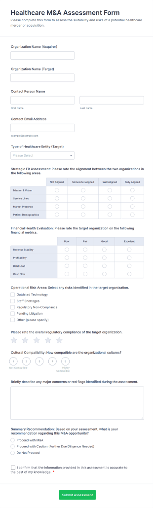 Healthcare M&A Assessment Form Template