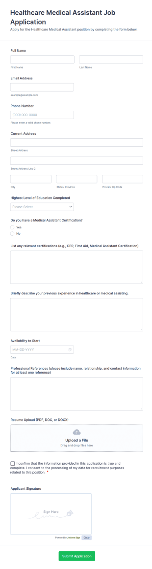 Healthcare Medical Assistant Job Application Form Template