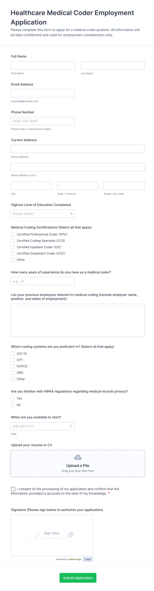 Healthcare Medical Coder Employment Application Form Template