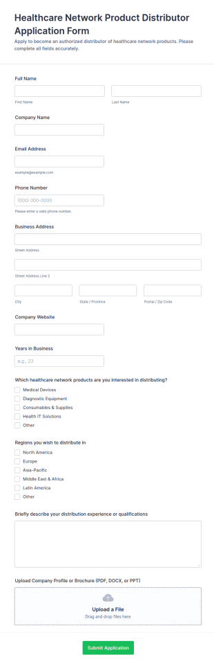 Healthcare Network Product Distributor Application Form Template