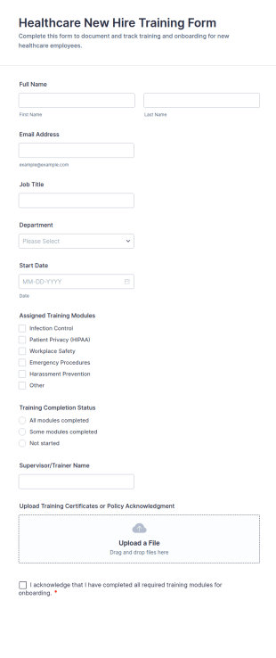 Healthcare New Hire Training Form Template