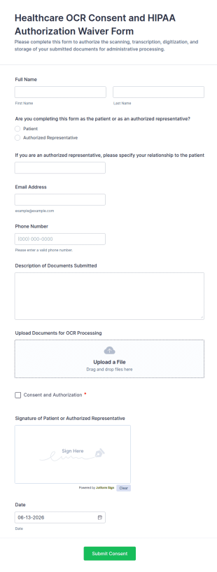 Healthcare OCR Consent And HIPAA Authorization Waiver Form Template