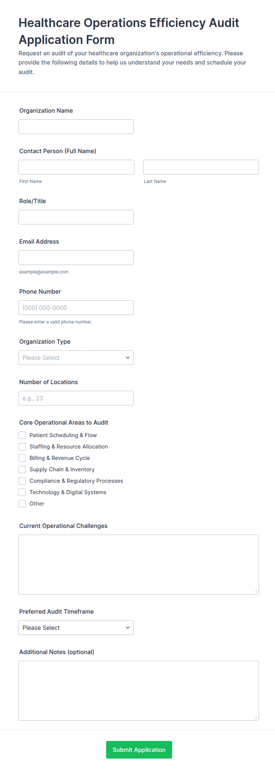 Healthcare Operations Efficiency Audit Application Form Template | Jotform