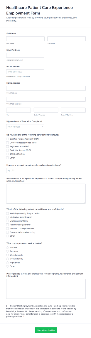 Healthcare Patient Care Experience Employment Form Template