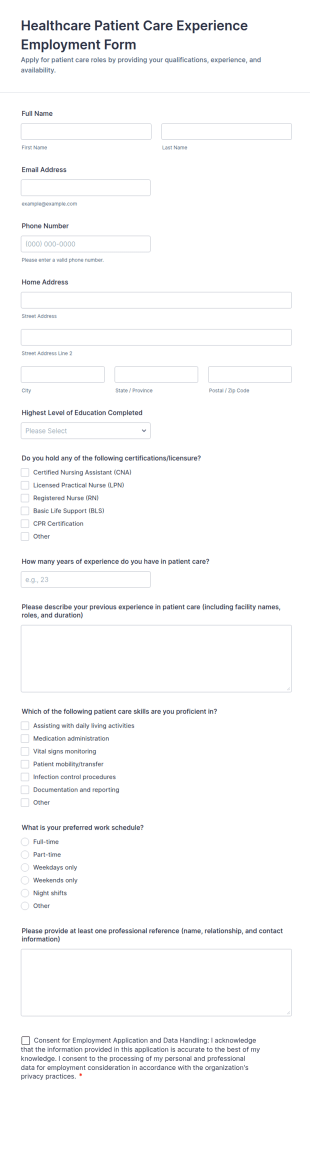 Healthcare Patient Care Experience Employment Form Template