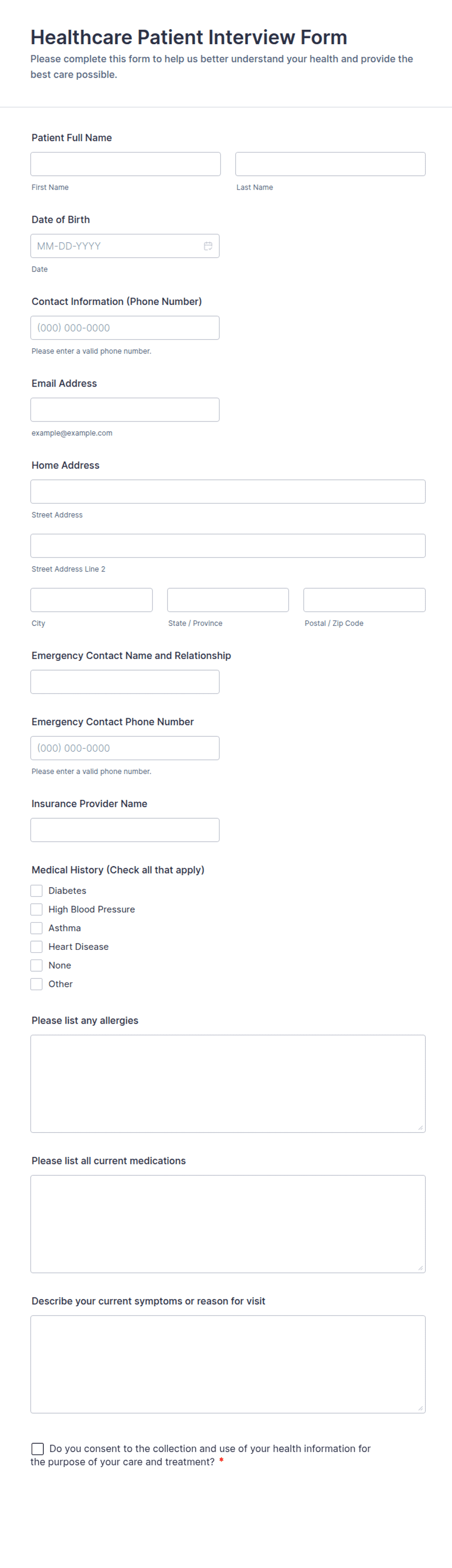 Patient Interview Pages. Example Healthcare Patient Interview Form Template | Jotform