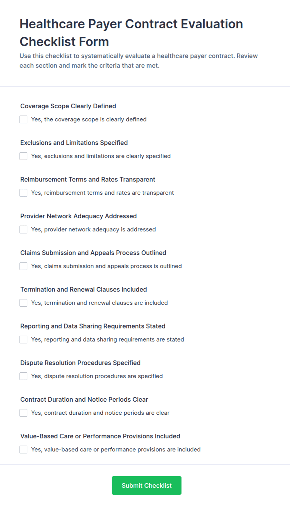 Healthcare Payer Contract Evaluation Checklist Form Template | Jotform