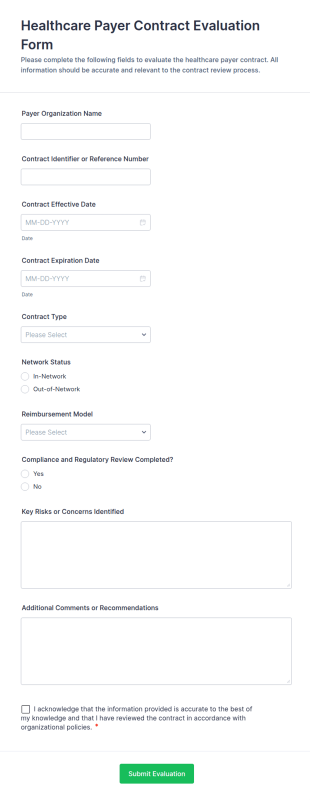 Healthcare Payer Contract Evaluation Form Template