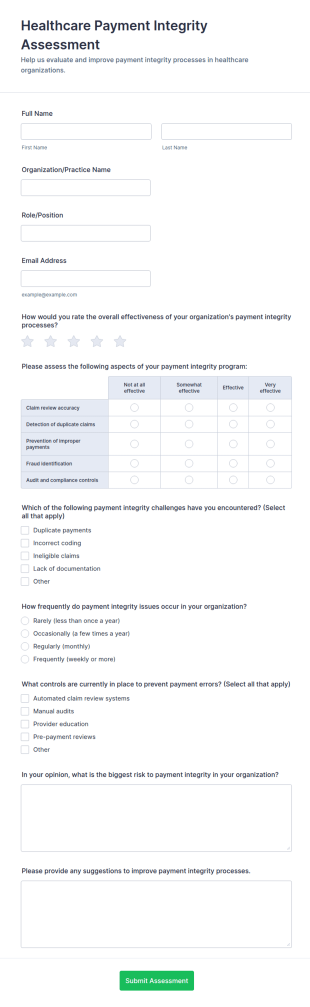 Healthcare Payment Integrity Assessment Form Template
