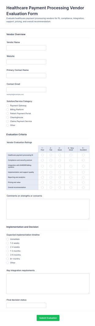 Healthcare Payment Processing Vendor Evaluation Form Template