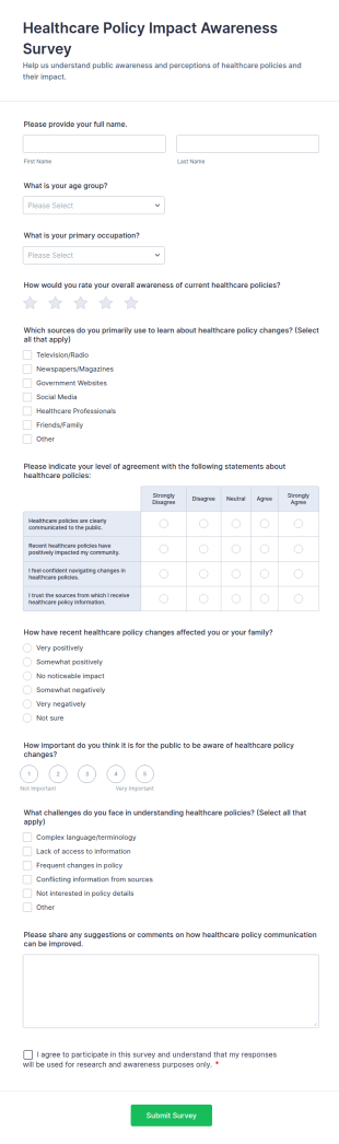 Healthcare Policy Impact Awareness Survey Form Template