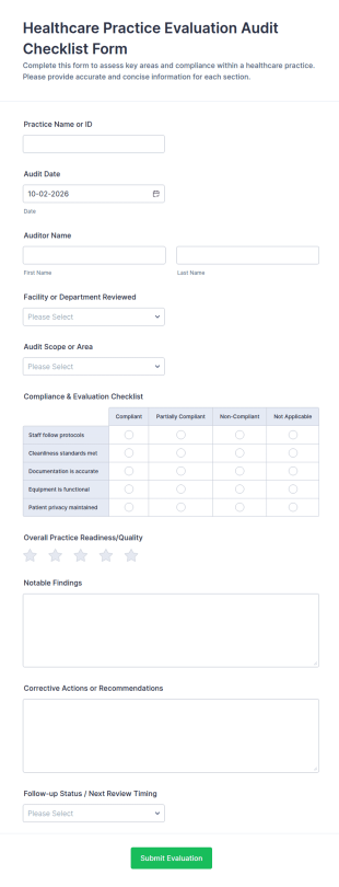 Healthcare Practice Evaluation Audit Checklist Form Template