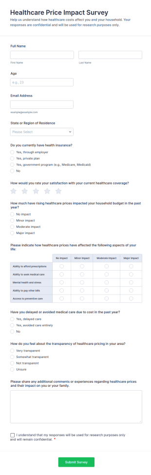 Healthcare Price Impact Survey Form Template