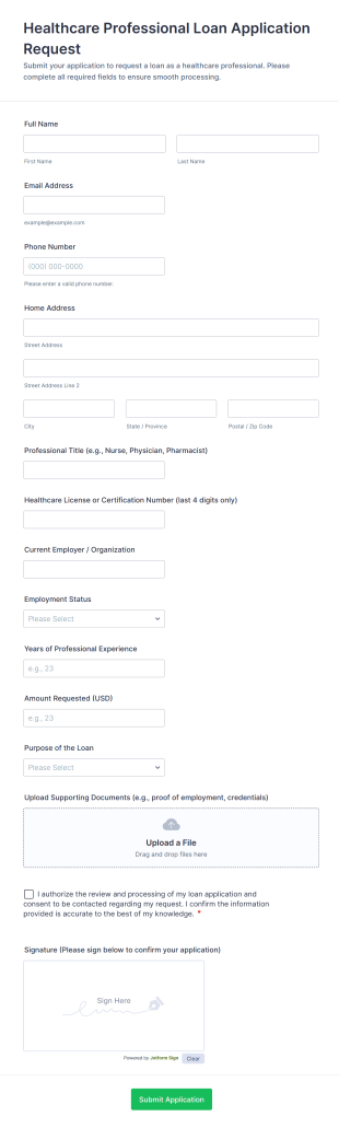 Healthcare Professional Loan Application Request Form Template