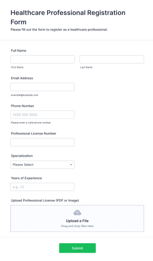 Healthcare Professional Registration Form Form Template