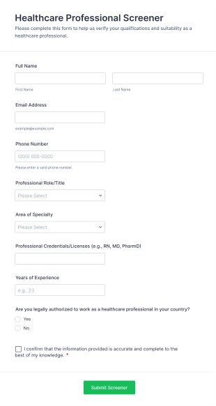 Healthcare Professional Screener Form Template
