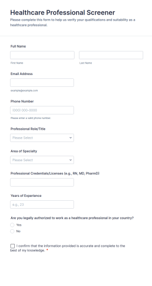 Healthcare Professional Screener Form Template