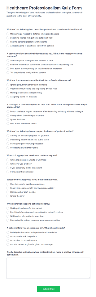 Healthcare Professionalism Quiz Form Template