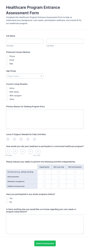 Healthcare Program Entrance Assessment Form Template