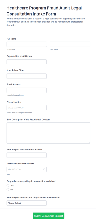 Healthcare Program Fraud Audit Legal Consultation Intake Form Template