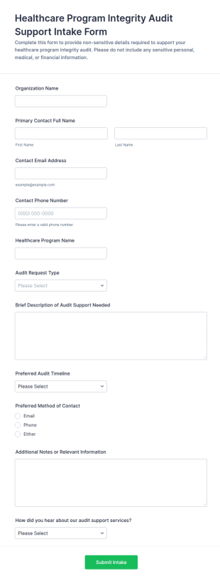 Healthcare Program Integrity Audit Support Intake Form Template