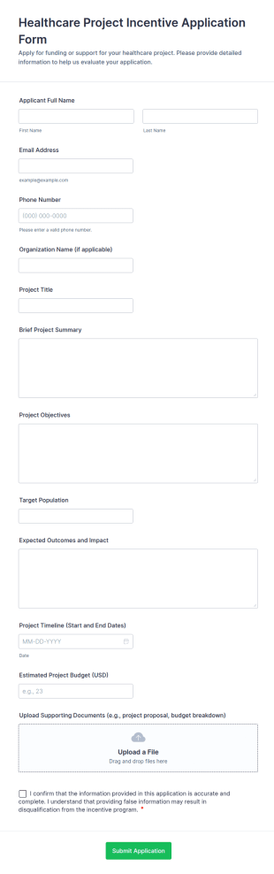 Healthcare Project Incentive Application Form Template