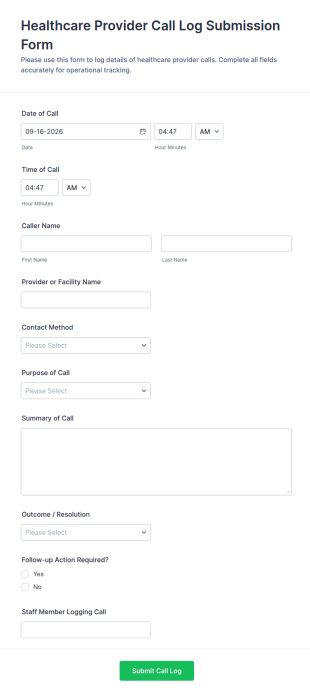Healthcare Provider Call Log Submission Form Template