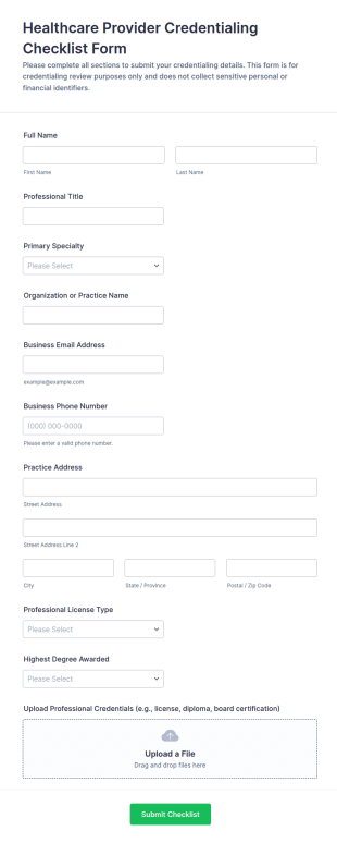 Healthcare Provider Credentialing Checklist Form Template