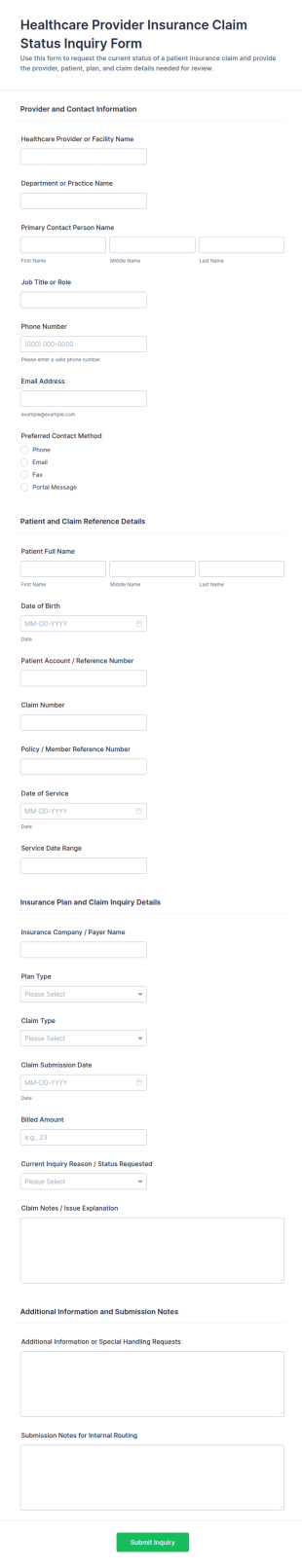 Healthcare Provider Insurance Claim Status Inquiry Form Template