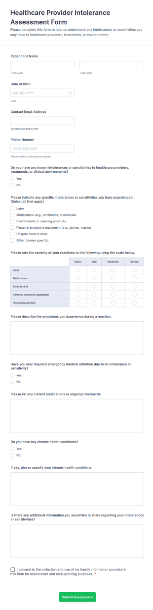 Healthcare Provider Intolerance Assessment Form Template