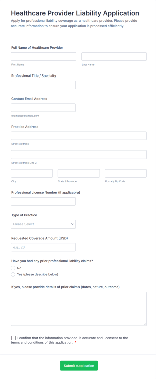 Healthcare Provider Liability Application Form Template