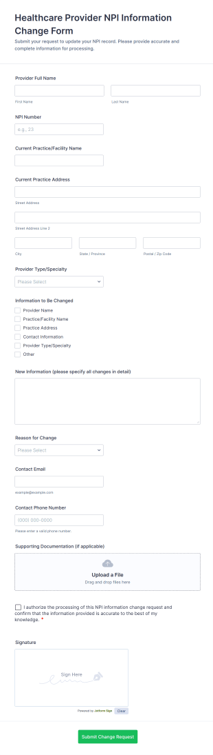 Healthcare Provider NPI Information Change Form Template
