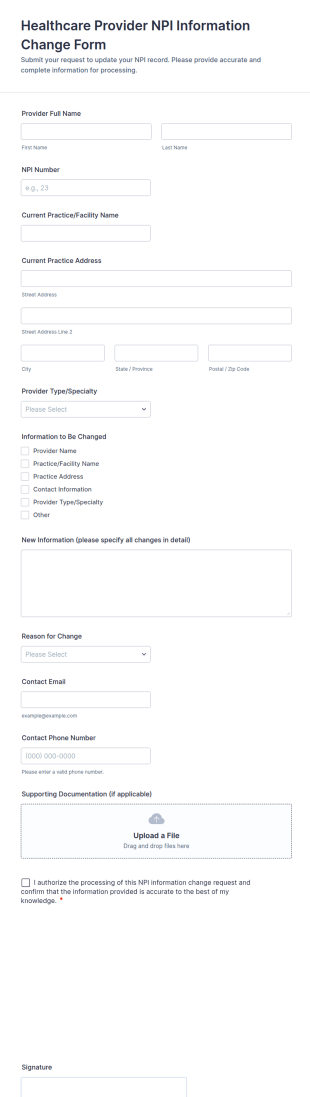 Healthcare Provider NPI Information Change Form Template