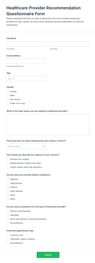 Healthcare Provider Recommendation Questionnaire Form Template