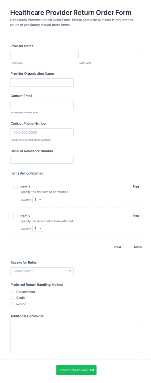 Healthcare Provider Return Order Form Template