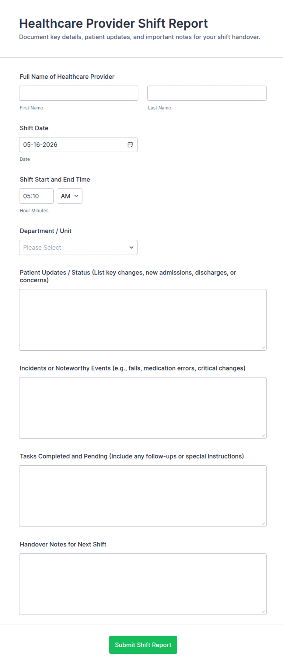 Shadow Shift Form.pdf Healthcare Provider Shift Report Form Template | Jotform