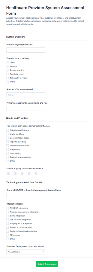 Healthcare Provider System Assessment Form Template