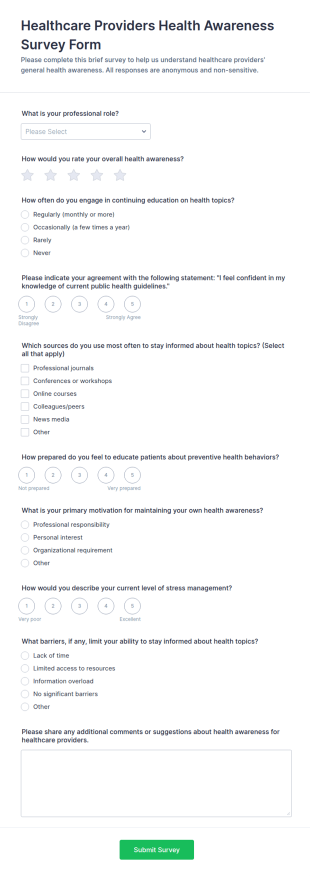 Healthcare Providers Health Awareness Survey Form Template