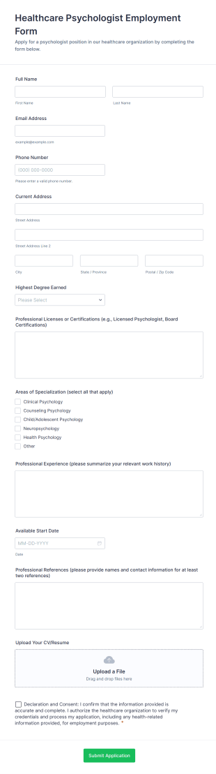 Healthcare Psychologist Employment Form Template