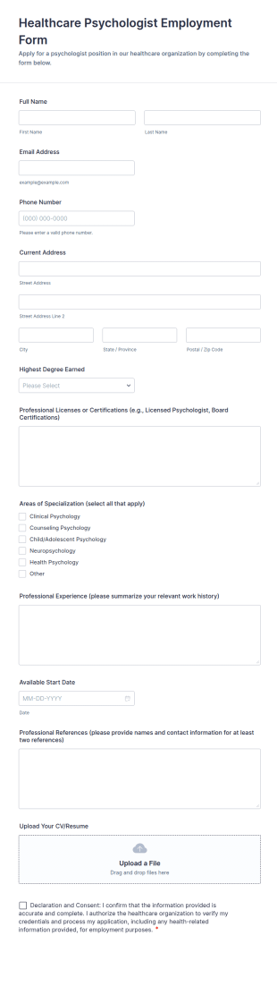 Healthcare Psychologist Employment Form Template