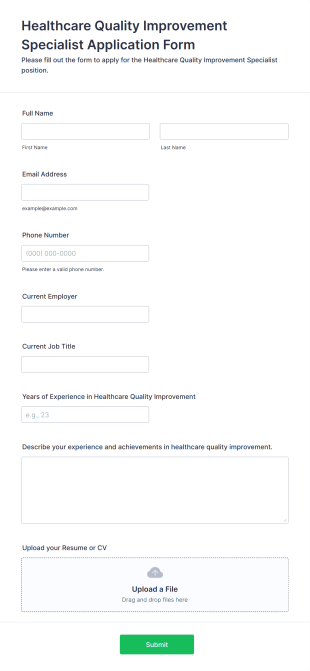 Healthcare Quality Improvement Specialist Application Form Form Template