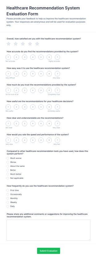 Healthcare Recommendation System Evaluation Form Template