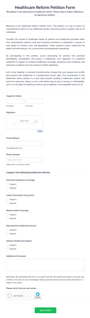 Healthcare Reform Petition Form Template