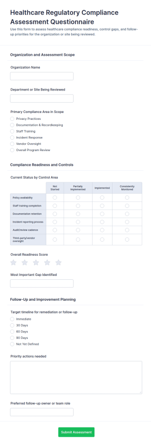 Healthcare Regulatory Compliance Assessment Questionnaire Form Template