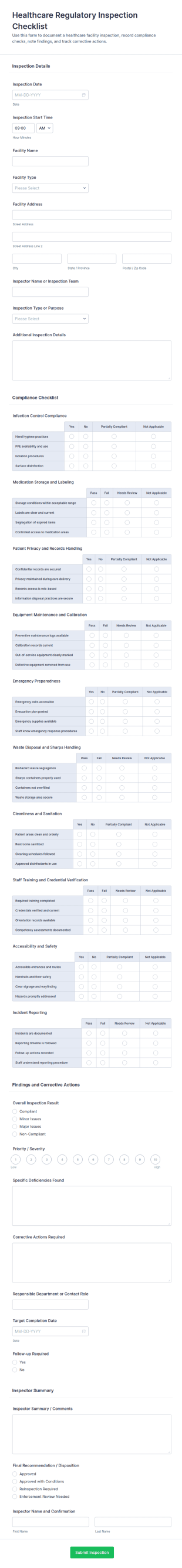 Healthcare Regulatory Inspection Checklist Form Template