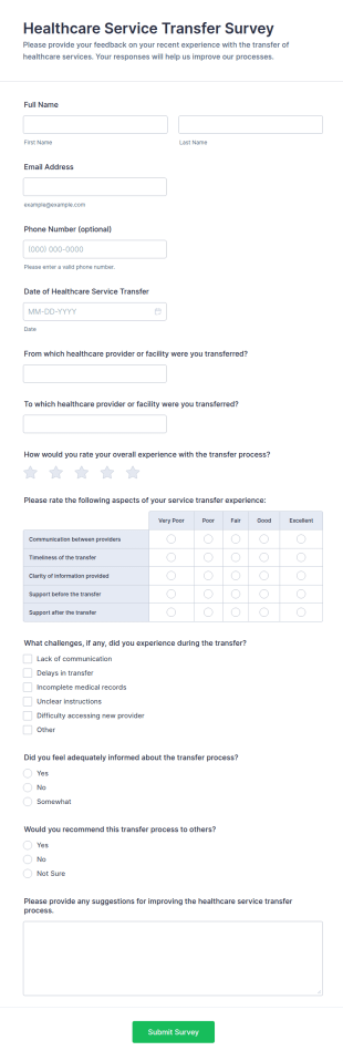Healthcare Service Transfer Survey Form Template