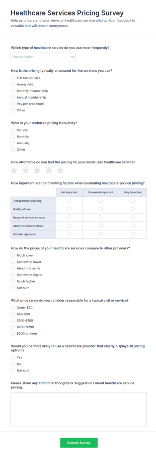 Healthcare Services Pricing Survey Form Template