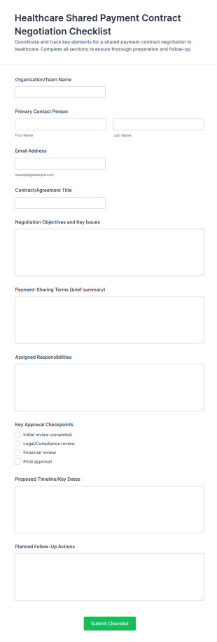 Healthcare Shared Payment Contract Negotiation Checklist Form Template