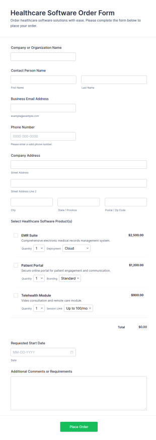 Healthcare Software Order Form Template